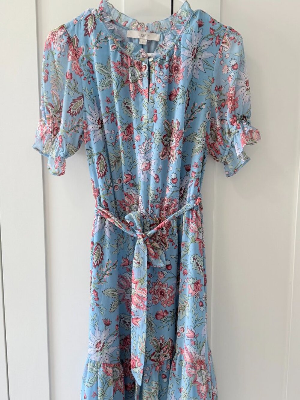 LOFT Blue Floral Tie Waist Mini Dress Boho Romantic Size S - Picture 4 of 8